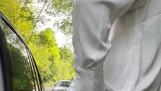 Sissy bitch pulls over to fuck her dildo