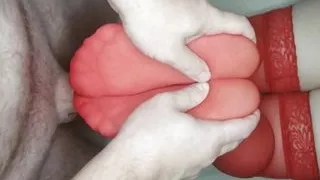 Legs in red stockings masturbate cock, trying to get sperm