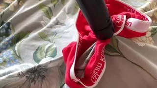 playing with my stepsister's dirty red panties while she's at studies