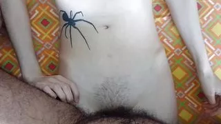 Trying a new position with her tight pink vagina