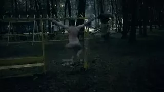 Self whipped and crucified in public park by night