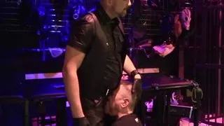 Leather Master fucks slave in sling then cums on boot and slave eats sperm PREVIEW