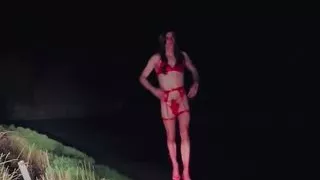 Sunny in Red lingerie flashing cock