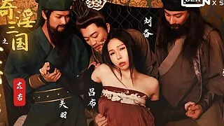 Busty hot Asian wife with sexy cosplay dress have her first time group sex with three big cocks