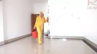 Naked maid cleans office space. Maid without panties. Hall