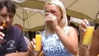 Two amazing blonde chicks from Germany sharing a cock in public