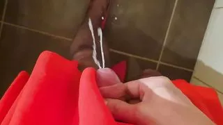 Big cumshot in red dress, pantyhose and high heels