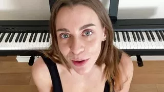 Brunette with big boobs sucking big dildo closeup