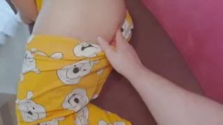 Stepmother unexpectedly gets stepson's dick in her mouth, and then he cums in her ass on the sofa