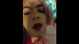 Crossdresser Juvia Jolie cums in a glass and plays with her come after