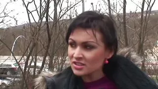 In the park, the young brunette with small natural tits gets warmed up by an older man and swallows all the cum