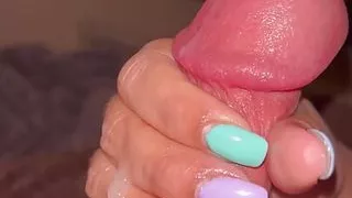 Multicoloured nails handjob with cumshot edging and milking