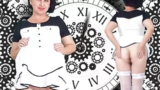 Double Regina Noir. A pretty lady in a short dress shows a striptease. Pussy and ass. Clocks