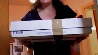 Pregnant German lady sucking a loaded pecker in POV