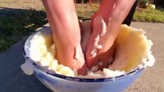 I Couldnt Resist Sticking My Feet Into The Mash Potatoes As Well - Thanksgiving Food Play 2