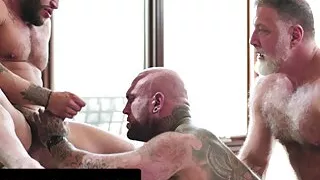 ADULT TIME - Hot Daddy Bear Brings Tattooed Beefcake Home to Fuck With Husband - FIRST TIME TOPPING!