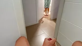 I surprise my stepsister at the bathroom door giving me a handjob and she gives me a blowjob until I cum