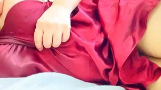 Beautiful hot girl in sexy red satin silk lingerie masturbating until extreme orgasms