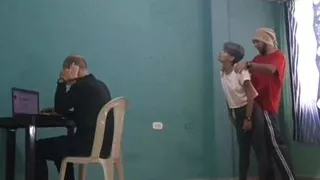 My slutty stepmom fucks my friend while I'm working on the computer