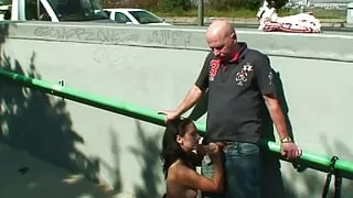 Dark haired German girl making a cock cum hard near the road