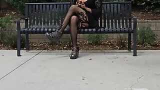 Sissy cums inconspicuously in public