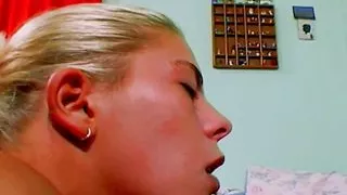 A slim blonde babe from Germany gets banged and sprayed with cum