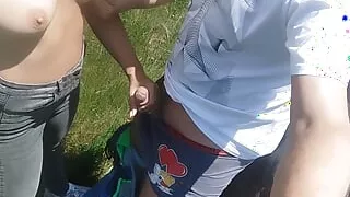 I'm going with my boyfriend's friend on a trip, we stop in the car and I suck his dick by the road.