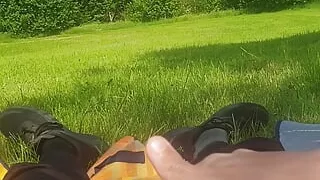 Martin masturbating his semi-rigid cock to cumshot outside