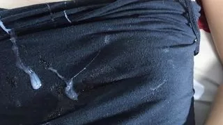 Cum all over - in mouth, on hands, hair, pants, pantyhose, boobs, ass and tongue