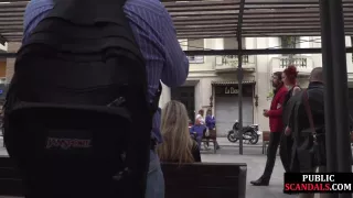Public BDSM slut humiliated and spanked by audience