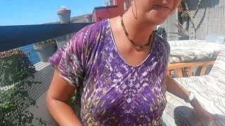 Blowjob on our terrace with some handfree sucking. Cum in mouth & swallow