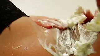 An amazing blonde babe from Germany gets cum over her round tits