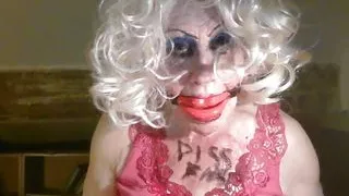 Sissy cd whore, Sarah, humiliates herself, by drinking own piss, while mouth gagged