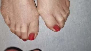 Cum on nylon red toenails