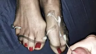 Big load on Red toes in black nylon