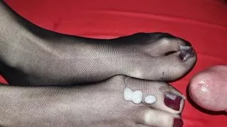 Cum on dark red toenails nylon