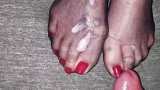 Cum on nylon red toenails...