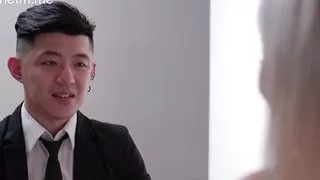 Blonde hot Asian slut with big boobs and sexy pantyhose teasing the big cock to fuck her wet pussy