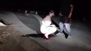 Leashed submissive wife pee on the road