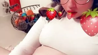 Goth chubby nerd girl plays with her tight fat pussy