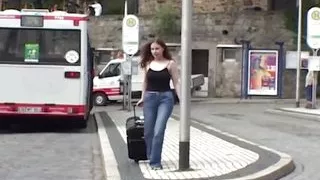 Good looking German babe gets her shaved twat banged outdoors