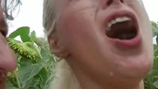 An attractive blonde babe gets her asshole destroyed outdoors