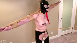 Latex Sub Stress Tied On Tiptoes In Predicament Bondage With A Crotch Rope Is Made To Cum Hard