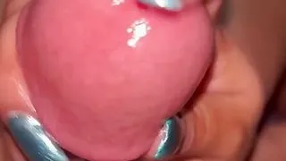 Blue metalic nails with cumshot