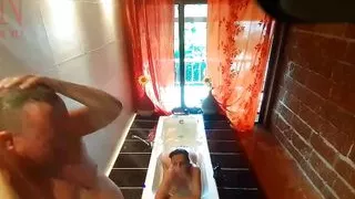 Peep. Voyeur. Housewife washes in the shower with soap, shaves her pussy in the bath. 22