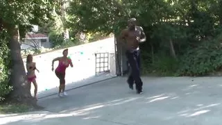 Black sport trainer fuck his tow students after jogging at pool