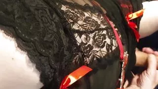 Shemale cum through knickers, in lingerie and stockings