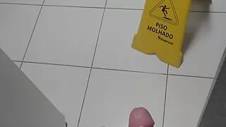 The naughty janitor wanted to come in while I was jerking off in the bathroom