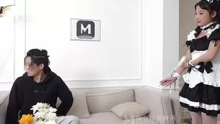 Super sexy Asian maid with natural tits take off her hot pants serve her master with her wet pussy