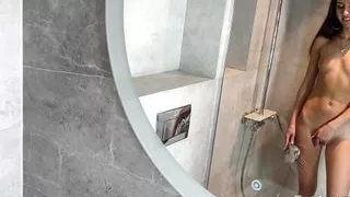 Passionate morning sex in the shower with a hot brunette